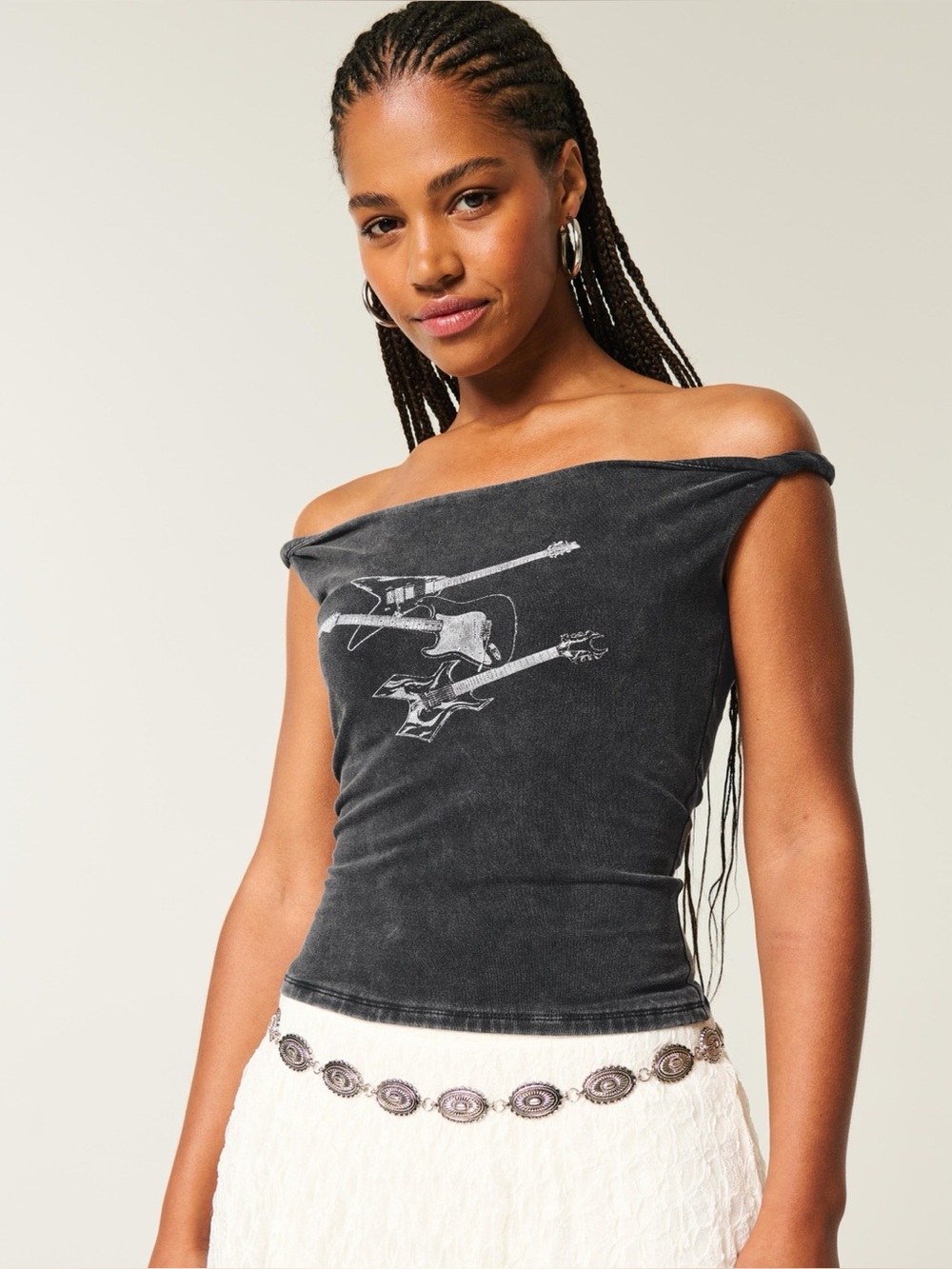 Hollister Twisted Off-the-Shoulder Black Graphic Top with Guitar Print